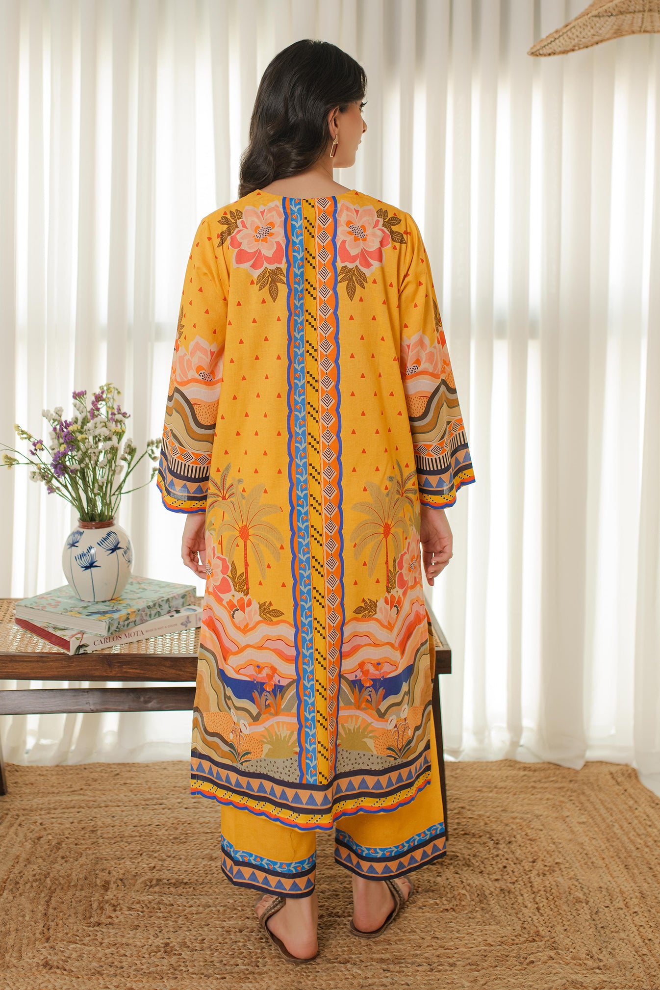 Yellow Printed Linen Kurta Set